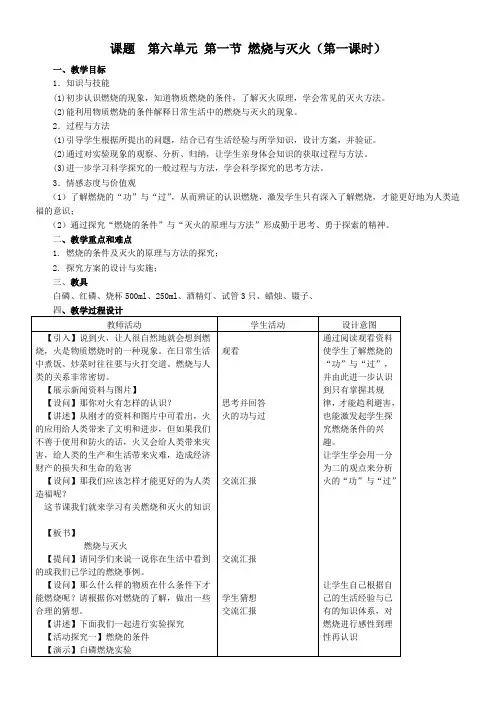 初中化学鲁教九年级上册(2023年新编) 燃烧与燃料燃烧与灭火 教案
