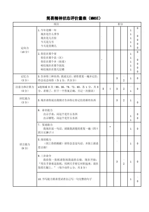 简易精神状态评价量表(MMSE量表)
