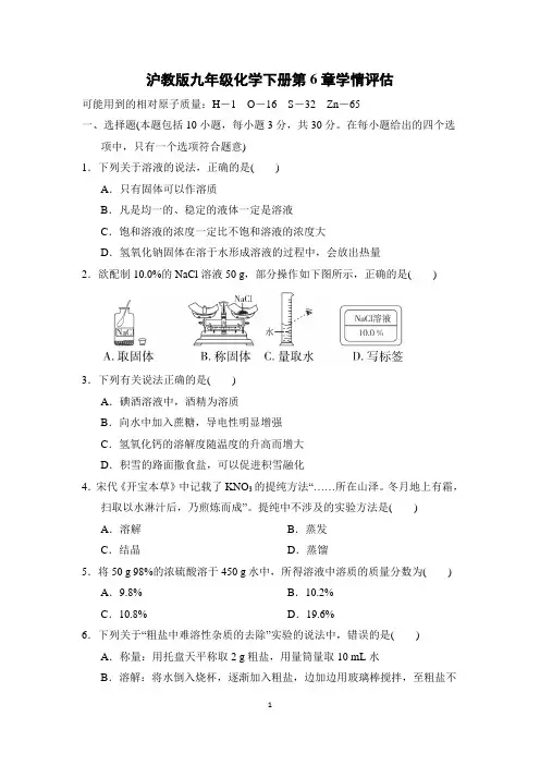 沪教版九年级化学下册第6章学情评估试卷 附答案 (1)