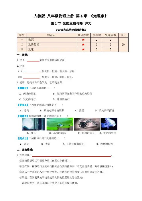 人教版八年级物理上册4.1光的直线传播(讲义)学生版+解析