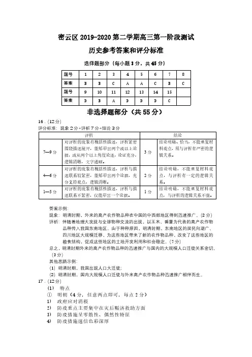 2020年密云高三一模历史答案