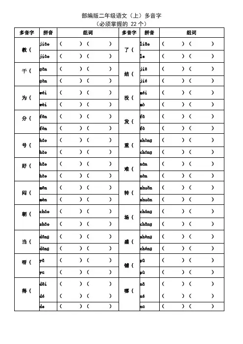 部编版小学语文二年级上册多音字22个