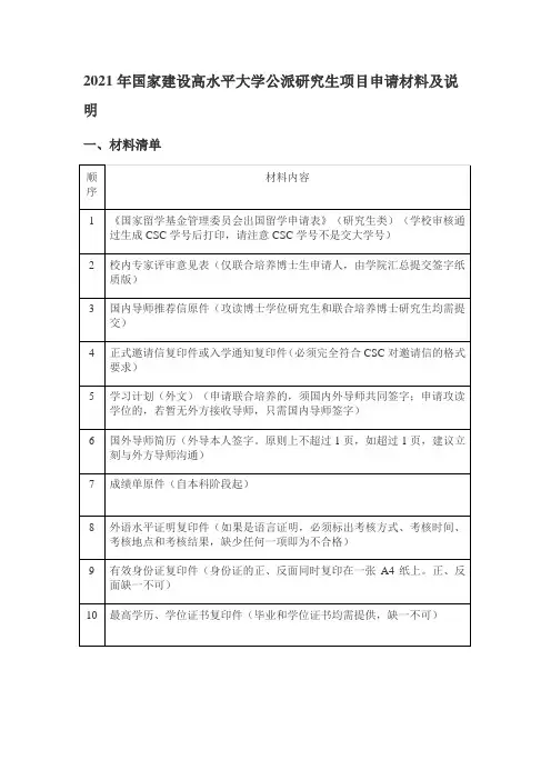 国家建设高水平大学公派研究生项目申请材料及说明