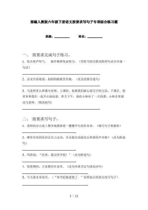 部编人教版六年级下册语文按要求写句子专项综合练习题
