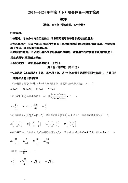 辽宁省沈阳市重点联合体2024年高一下学期期末检测数学试题+答案