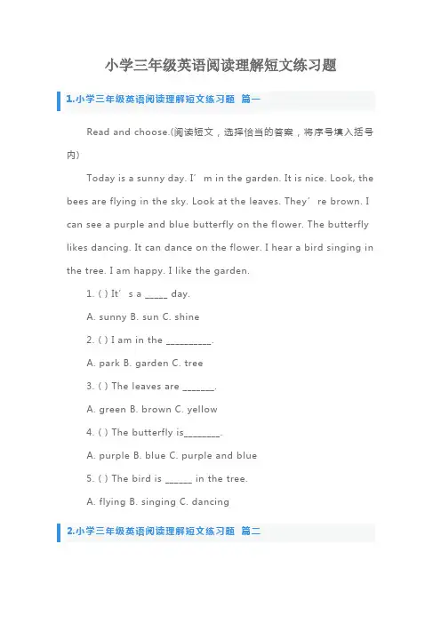 小学三年级英语阅读理解短文练习题
