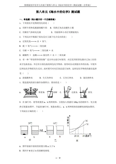 鲁教版初中化学九年级下册第八单元《海水中的化学》测试试题(含答案)