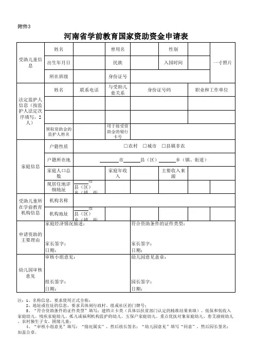 河南省学前教育家庭经济困难幼儿资助申请表