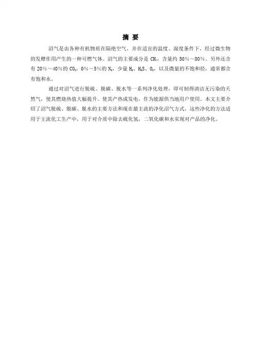 应用化工技术专业毕业论文--沼气的净化