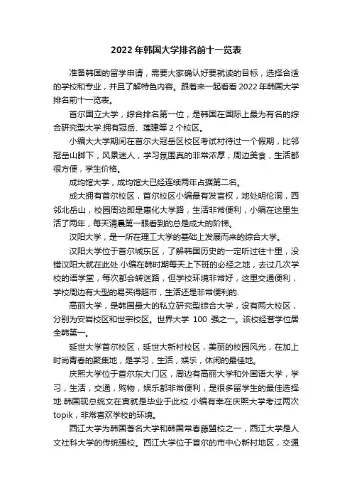 2022年韩国大学排名前十一览表