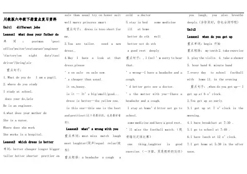 川教版英语六年级下册重点句子复习
