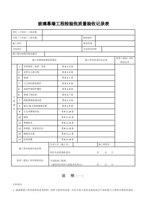 玻璃幕墙工程检验批质量验收记录表