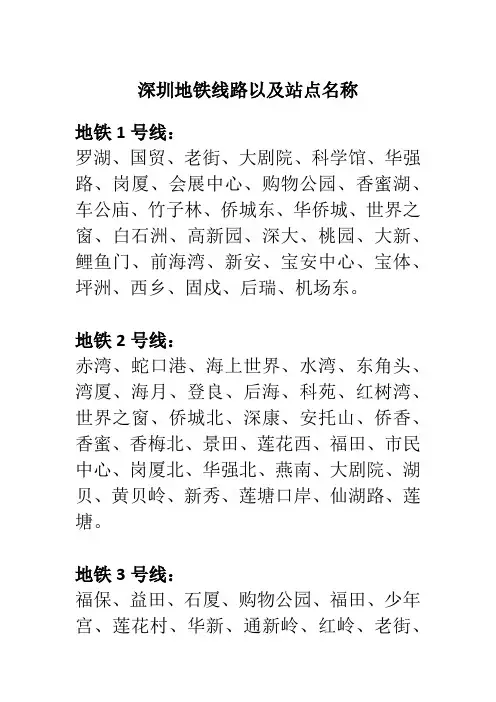 深圳地铁线路以及站点名称