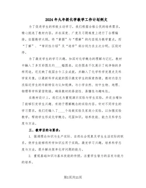 2024年九年级化学教学工作计划例文（五篇）