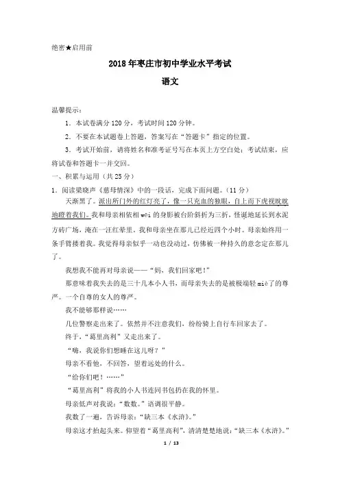 2018年山东省枣庄市中考语文试题及答案