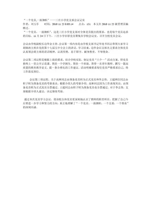 “一个党员,一面旗帜”——三庄小学党支部会议记实