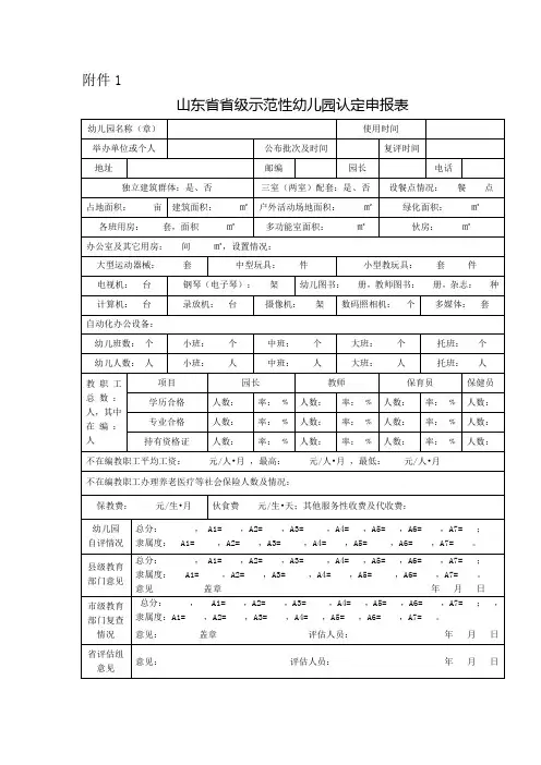 山东省省级示范性幼儿园认定申报表