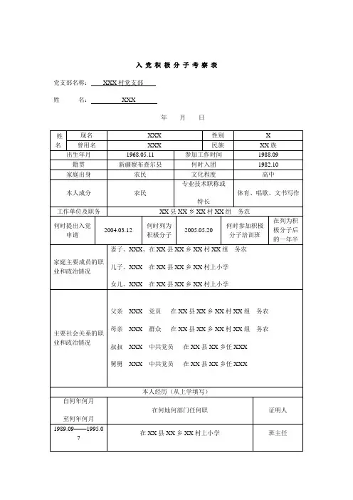 入党积极分子考察表范本