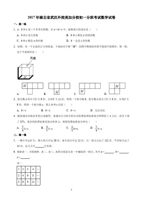 2017年湖北省武汉外校美加分校初一分班考试数学试卷(含解析)印刷版