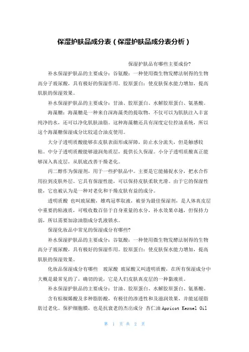 保湿护肤品成分表(保湿护肤品成分表分析)