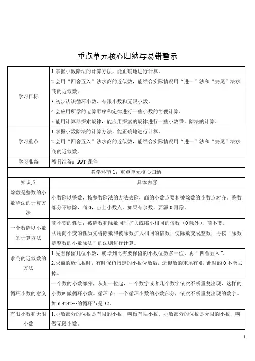人教版小学数学五年级上册《第三单元 小数除法》重点单元核心归纳与易错警示
