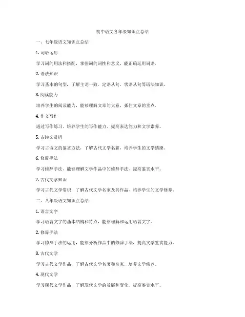 初中语文各年级知识点总结