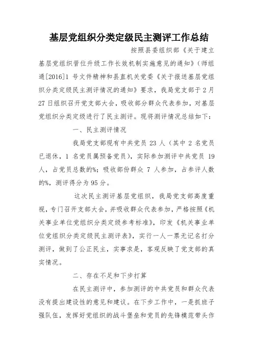 基层党组织分类定级民主测评工作总结