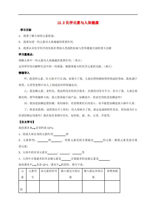 九年级化学下册 12.2 化学元素与人体健康导学案(无答