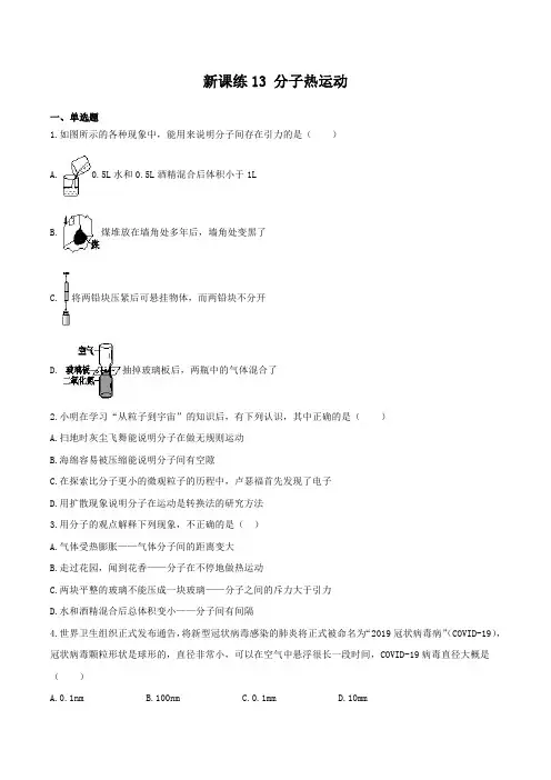 新初三丨八升九暑假天天练中考物理新课练习13 分子热运动(原卷+解析)打印版