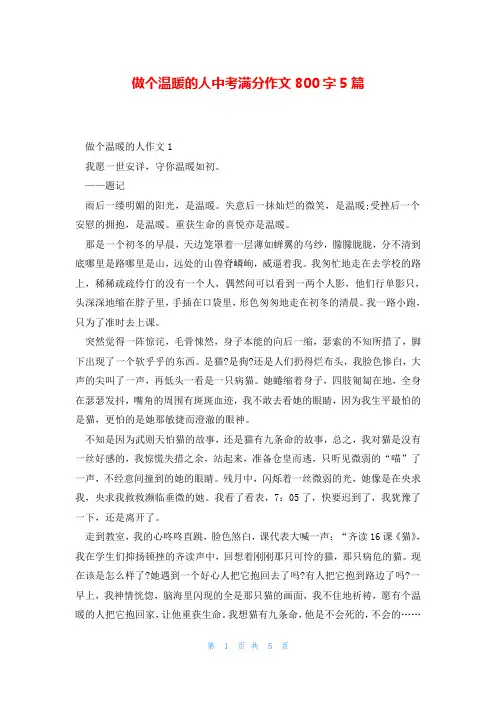 做个温暖的人中考满分作文800字5篇