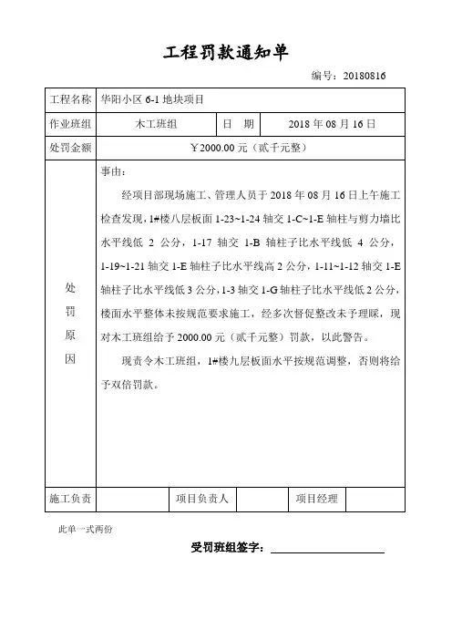 工程罚款通知单 -  木工罚款通知单