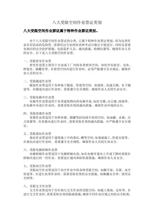 八大受限空间作业票证类别
