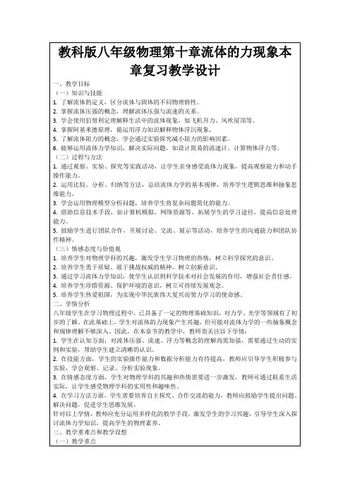 教科版八年级物理第十章流体的力现象本章复习教学设计