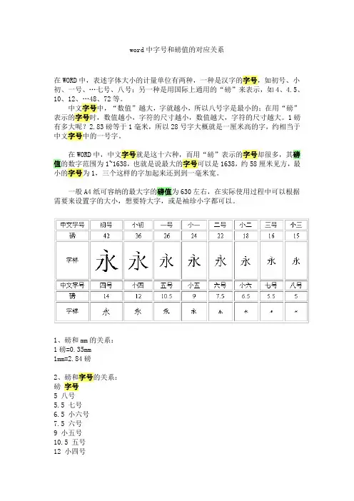 word中字号和磅值的对应关系
