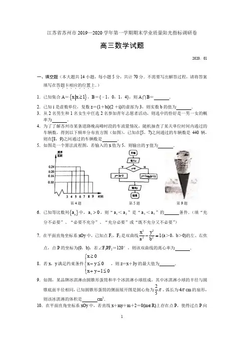 江苏省苏州市2019-2020学年第一学期期末学业质量阳光指标调研卷高三数学试题