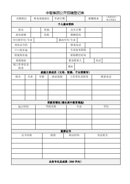 中智集团公开招聘登记表