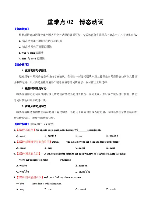 2020年中考英语复习重难点02 情态动词(原卷版)