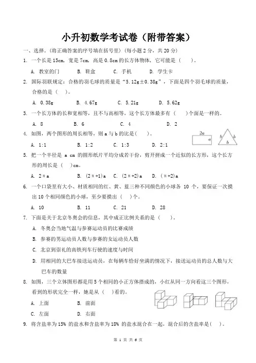 小升初数学考试卷(附带答案)