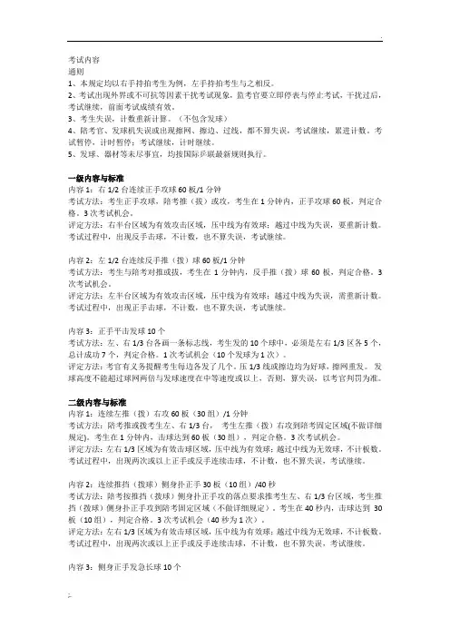 国家青少年乒乓球等级考试(一到九级考试内容)