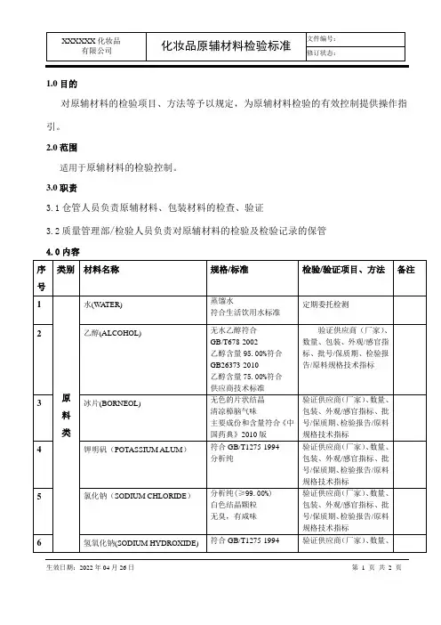 化妆品原辅材料检验标准