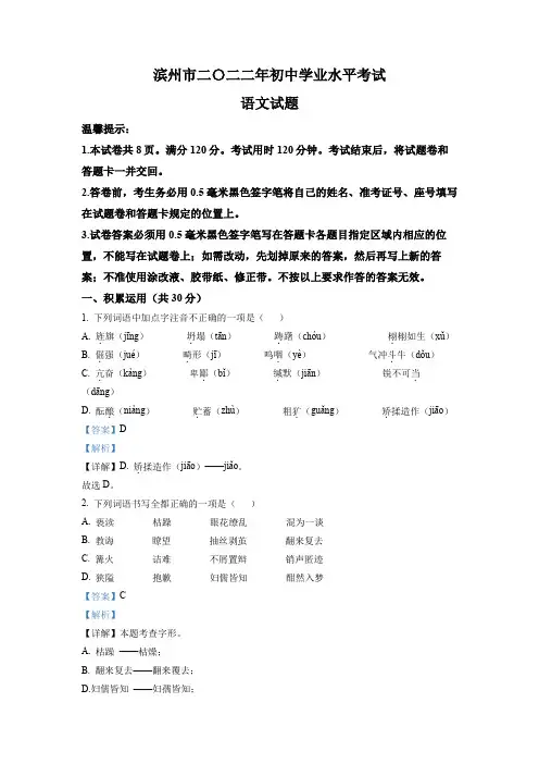 2022年山东省滨州市中考语文真题(解析版)