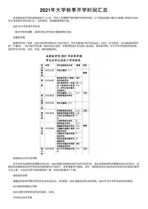 2021年大学秋季开学时间汇总