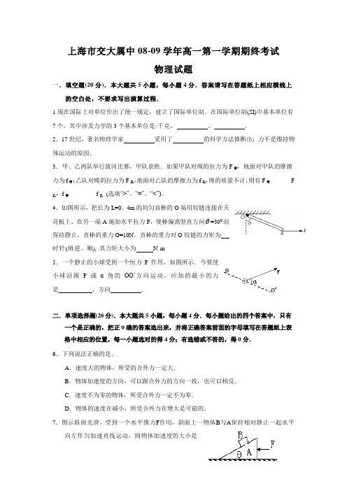 上海市交大附中08-09学年高一第一学期期终考试(物理)