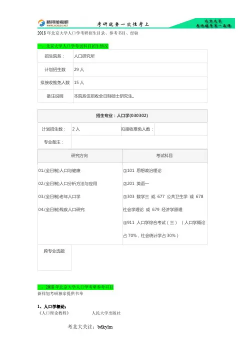 2018年北京大学人口学考研招生目录、参考书目、经验