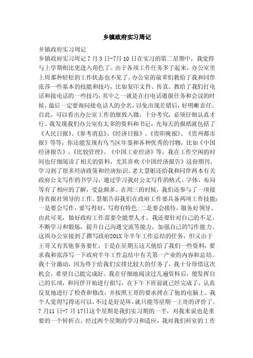 乡镇政府实习周记（范文）