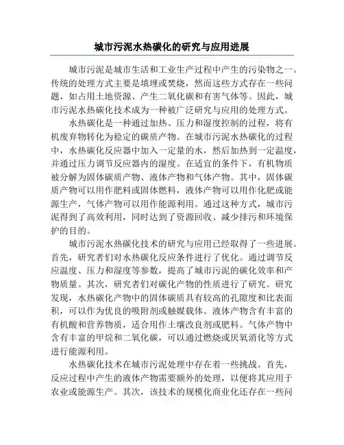 城市污泥水热碳化的研究与应用进展