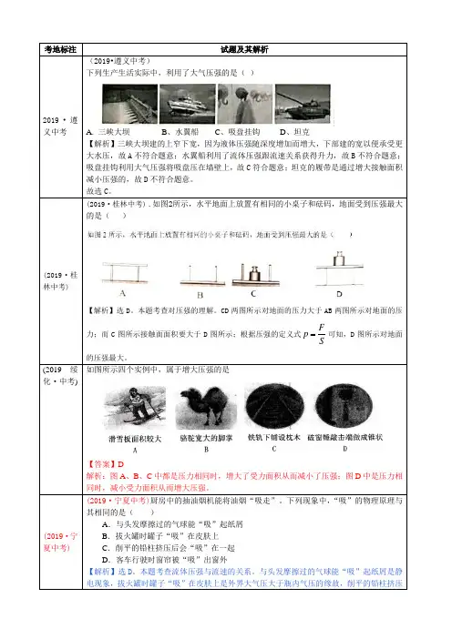 物理2019中考真题汇编：压强