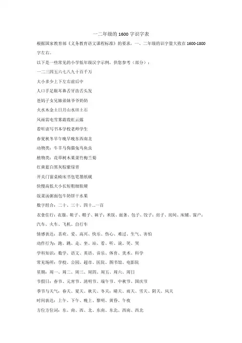 一二年级的1600字识字表
