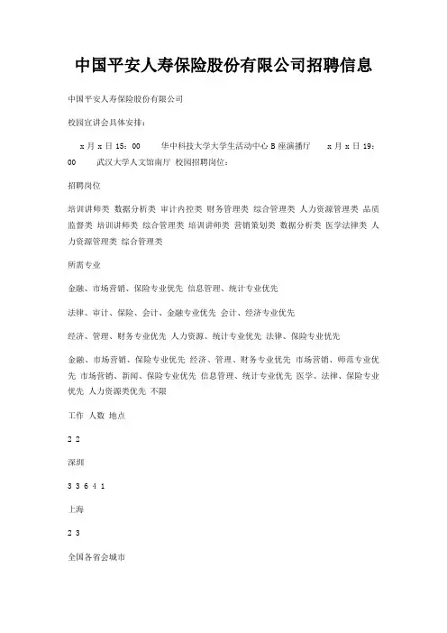 中国平安人寿保险股份有限公司招聘信息