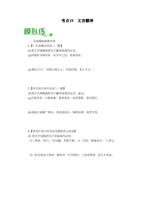 《点亮高考》考点18 文言翻译(检测)(解析版)-高考语文大一轮单元复习(全国通用)